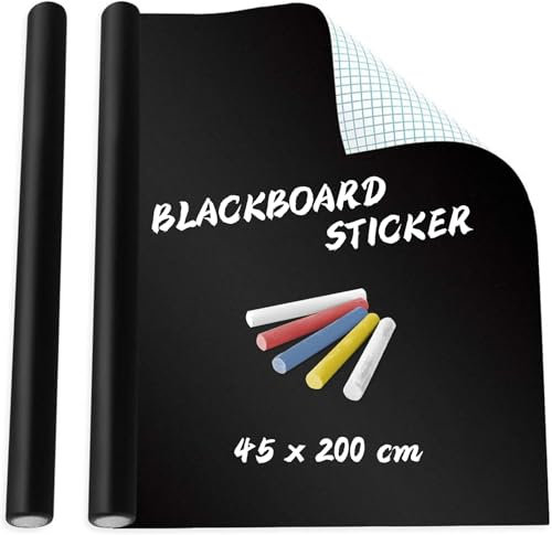 Chalkboard Paper, 1 Roll Chalkboard Sticker, Free: 5 Colorful Chalks, 17.5 x 78.7 Black Boards for Walls, Adhesive Blackboard Wall Decal Vinyl for Home Office School (Black)