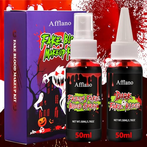 Maquillage Halloween Faux Sang Spray 100ml, Faux Sang Frais et Réaliste+ Gouttes Sang Noir, Kit de Sang Scène Lavable pour Vêtements Zombie Vampire Costume Déguisement SFX Effets Spéciaux Maquillage
