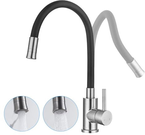 LakeBayMZC Grifo de Cocina Flexible Con 2 Modos, Grifo Mezclador de Cocina Giratorio 360°, Acero Inoxidable Cepillado y Manguera de Negro Silicona Segura