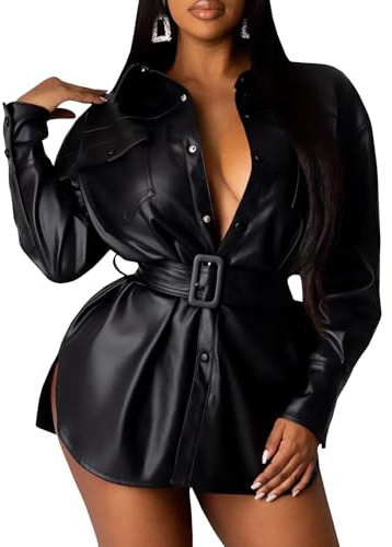 Sexyshine Women's Faux Leather Blouse Shirt Jacket Shacket Button Long Sleeve Lapel PU Leather Tunic Dress Moto Biker Shirt(31227BL,M) Black