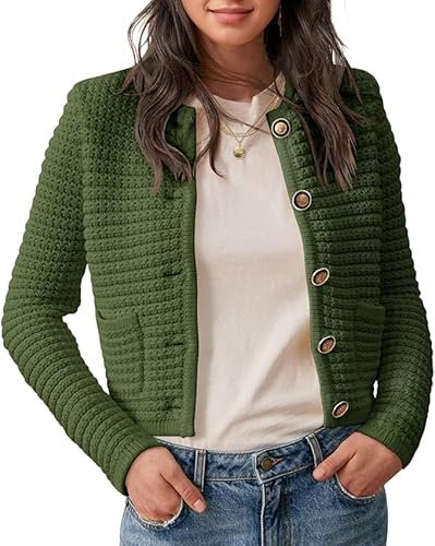Saodimallsu Damen Kurz Strickjacke Langarm Cardigan Rundhalsausschnitt Knopfleiste Strickweste Vintage Trachtenjacke Elegante Oberteil mit Taschen Grün M