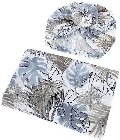 JOINPAYA Wickeldecke Dünne Atmungsaktiv Mit Blättermuster Und Hut Mütze Set Für Neugeborene Stillen Auto Spuckdecke
