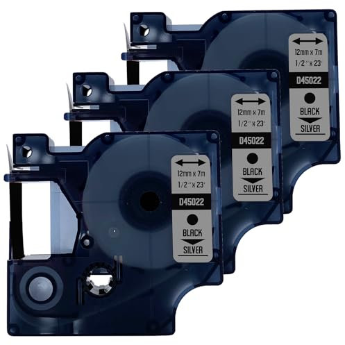 DULA Etikettenband - Kompatibel mit Dymo D1 45022-3 Stück - Schwarz auf silber - 12mm x 7m