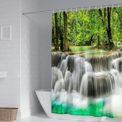 Calefee Rideaux de Douche 300x200, Rideau de Douche en Polyester Motif Cascade Et Arbres, Rideau de Bain Imperméable avec Oeillets