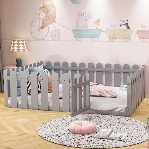 WIZBED Kinderbett 140 x 200 cm, Montessori Bodenbett inkl. Rausfallschutz und Tür, Holzbett für Jungen und Mädchen, Laufstall, Grau, ohne Lattenroste & Matratze