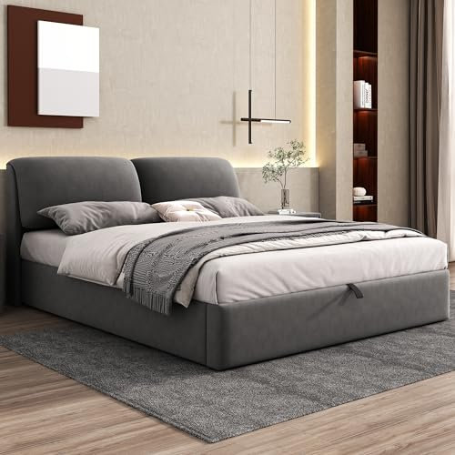 Lexiou Letto imbottito, 160 x 200 cm, letto idraulico, 3 cassetti, contenitore per il letto, rete a doghe con testiera, senza materasso, velluto, grigio