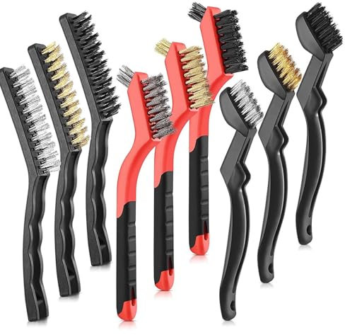 9 Pieces Wire Brush Set, Cleaning Brushes, Brass Copper/Stainless Steel/Nylon Bristles Brushes for Metal, Wood, Stove, Sink, Rust Removal, Welding Slag and Small Parts Detailing Cleaning
