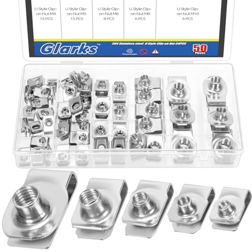 Glarks 50pcs M4 M5 M6 M8 M10 U-Style Clip-On Nuts Set, 304 Stainless Steel Thread Clip Nut, U Nuts Clamp Set, U-Shaped Nut, Automotive U-Clips for Engine, Fender, Bumper, Dash, Interior Trim Panels
