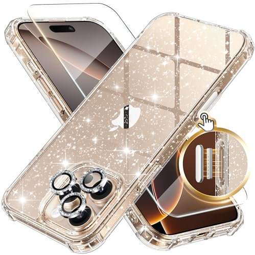 BERFY for iPhone 16 Pro Max Case Glitter, with 9H Tempered Screen Protector + 3X Diamond Camera Lens Protectors, [Non-Yellowing] Women Clear Sparkly Cute Bling Hard Shockproof Cover 6.9, Shiny Clear