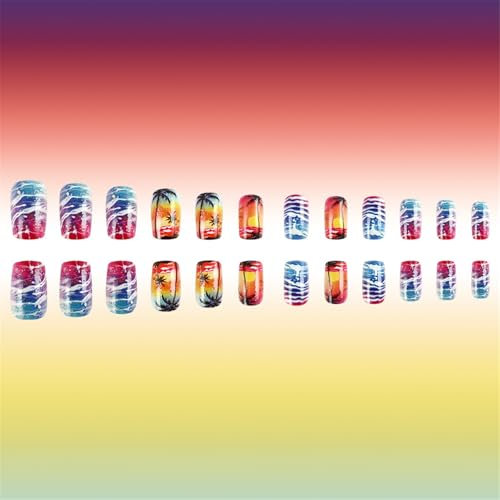 Uñas postizas cuadradas con Sunset Beach Palm Tree Designs Prensa acrílica en uñas para fechas de trabajo fiestas y vacaciones