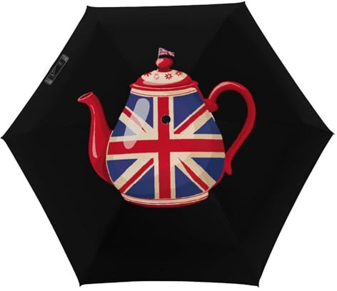 British Tea UK Teapot Union Jack Flag Travel Umbrella for Rain Windproof 5 Folding Portable Compact Umbrella