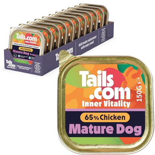 Tails.com • Wet Dog Food 11 x 150g • Chicken • Mature/Senior 7 years • Hypoallergenic Recipe • Made with natural ingredients • Contains Paraprobiotics to Support Gut Health | Hypoallergenic wet food for senior dogs, 65% chicken, glucosamine & chondroitin for joints, paraprobiotics for gut health.