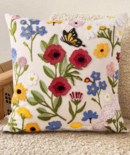 Kokaaee Embroidered Throw Pillow Cover 18x18 Inch - Spring Summer Boho Decorative Pillow Cover with Zipper for Living Room Couch Sofa Bed Aesthetic Design Retro Flower Cushion Pillowcase