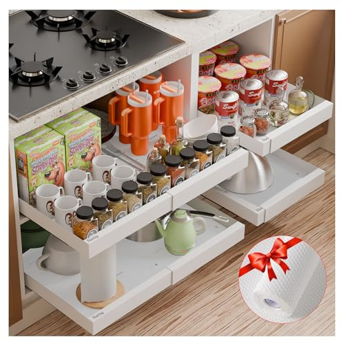 Narixa Teleskopschublade Ausziehbar 52 cm Tief mit Schutzmatte | 2 Stück, 32–52 cm Verstellbar, Schrank Organizer, Ohne Bohren