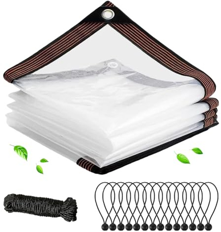 Exquilnova 2M x 1M Clear Tarpaulin Waterproof Heavy Duty,Tarpaulin Sheet with 14PCS Bungees Ball Cord,5M Rope,Eyelets,Waterproof Cover for Garden,Gazebo Side Panels,Patio(2M x 1M)