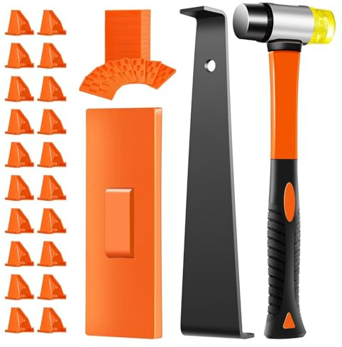 MUSLONG Vinylboden Verlegeset 63 Stück Laminatboden Set Vinylboden Verlegeset Laminat Holzfußboden Installations Set mit 60x Montagekeile, 1x Schlagklotz, 1x Zugstange, 1x Doppelseitiger Hammer
