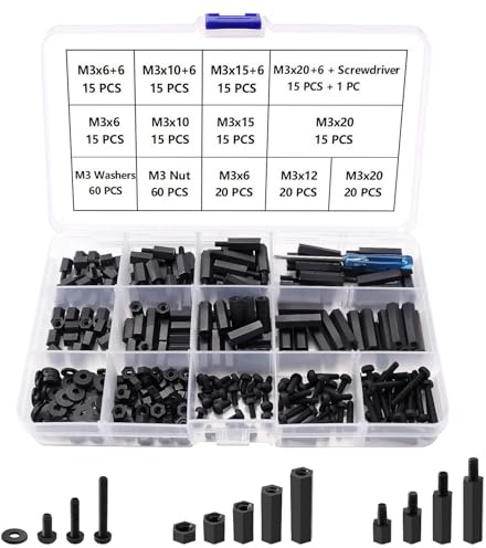 Lyeteung 300 PCS M3 Male Female Nylon Hex Spacer Standoff Screw Nut Threaded Pillar Assorted Assortment Kit, with Screwdriver, for PCB Board Motherboard, Black