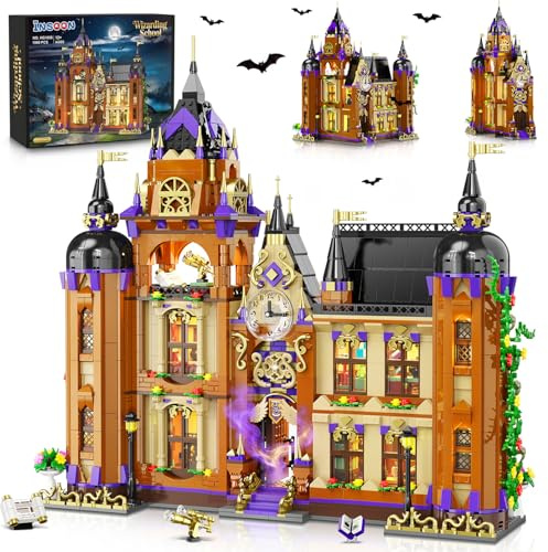 INSOON Zauberschule Bauset mit Licht für Erwachsene, 3 in 1 Schloss Haus | Großes Uhrturm Klemmbausteine mit Trankgeschäft 1960 Stück , Home Deko Konstruktionsmodell Geschenk für Jungen Mädchen ab 12+