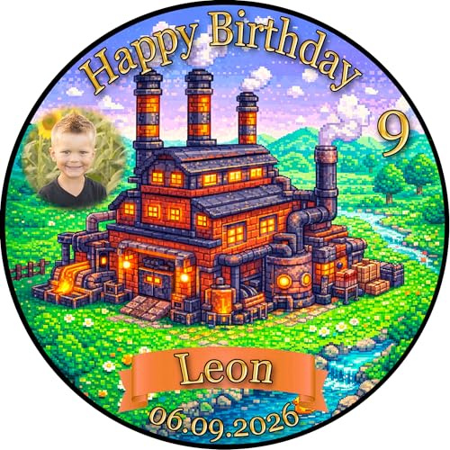Tortenaufleger Tortendeko Fototorte Tortenbild Geburtstag Party Gamer Pixel Fabrik Gras Grün Videospiel GO10 (Zuckerpapier) Rund 14 cm Ø mit Foto