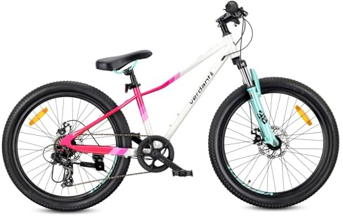 sun baby Jungenfahhrad 24 Zoll von 8 Jahre, Verdant Calix Jungen Bike mit Stahlrahmen, Scheibenbremsen, 7 Gänge, Stoßdämpfer vorne (Weiß Rosa Mint)