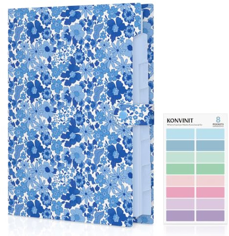 KONVINIT A4-sorterare, 8 fack, pärm, sorteringsbok, etikettdesign, vikbar knapp för att skydda dokument, plastdokumenthållare, förvaring av administrativt papper, blå