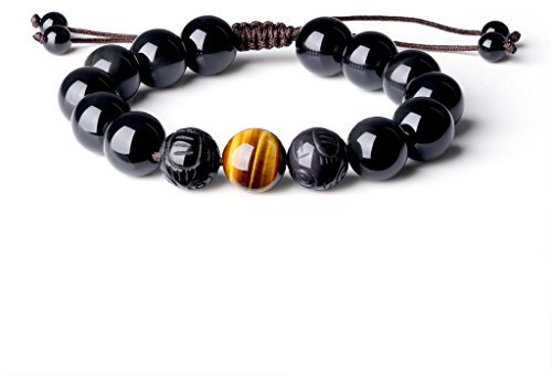 COAI Bracelet Ajustable Pixiu Chinois Amulette Obsidienne Noire Œil de Tigre Jaune Unisexe