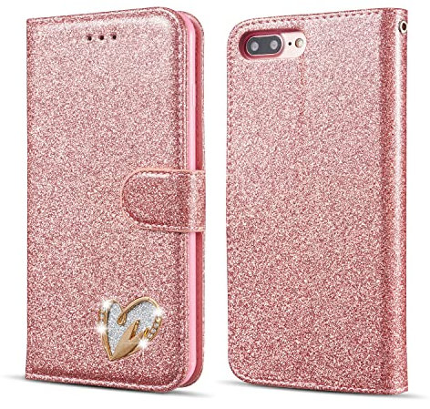 QLTYPRI iPhone 6 Plus 6S Plus Hülle, Glitzer Handyhülle PU Ledertasche TPU Etui Handschlaufe Kartenfach mit Eingelegten Liebe Herz Diamond Flip Schutzhülle für iPhone 6 Plus 6S Plus - Rosegold