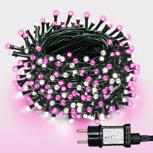 WISD LED Lichterkette 13m, 200er Rosa und Weiß - Dimmbare Weihnachtsbeleuchtung auf Dunkelgrün Kabel mit 12 Modi, Timer und EU Stecker - Innen und Außen Deko für Weihnachtsbaum, Balkon, Zimmer, Garten