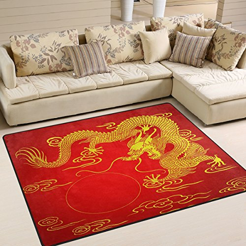 Use7 Tapis dragon chinois doré rouge pour le salon ou la chambre à coucher 160 cm x 122 cm