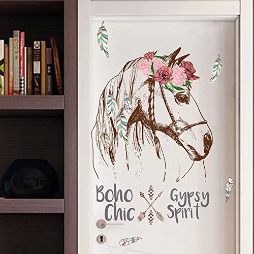 WandSticker4U®- Wandtattoo PFERDE Mädchen groß (56x90 cm) I Wandsticker Kinderzimmer Mädchen Pferde Blumen Boho Chic Pferdeposter I Wandaufkleber Mädchenzimmer Teenager Jugendzimmer Deko