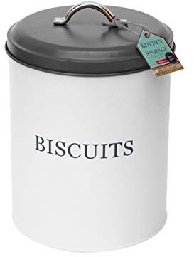 Monsoon Biscuit Tin White & Grey Airtight Round Cookie Canister Jar Vintage Barrel Airtight Storage Round Metal Caddy Individual Jar Kitchen Container Tin Vintage (Biscuit)