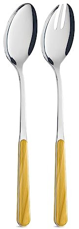 NEVA | BISTROT Texture Legno Set 2 Posate Insalata, Cucchiaio e Forchetta da Insalata, Set Posate in Acciaio Inox, Lavaggio in Lavastoviglie, Decorazione Indelebile, Legno Abete Giallo