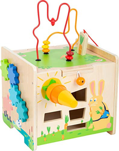 small foot Motorikwürfel Hase aus Holz, mit fünf bespielbaren Seiten, als Kinderhocker verwendbar, ab 12 Monaten, 11732
