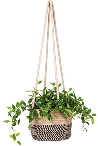 ABCDJHH paille, rotin, corde de chanvre, panier suspendu, pot de fleurs, plantes vertes, plantes en pot, panier à fleurs (14 cm), chanvre noir