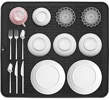 GIKIKI Silicone Dish Drying Mat 16x12 Inch, Non-Slip and Heat Resistant Dish Fast Drying Pad, Dishwasher Safe Draining Mat Black