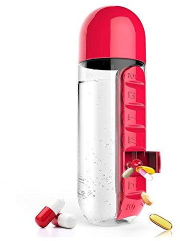 Chillers Pastillero, Botella de Agua portátil con Pastillero, dispensador semanal, dispensador de Pastillas y Botella para Beber de 600 ml (Color : Red)