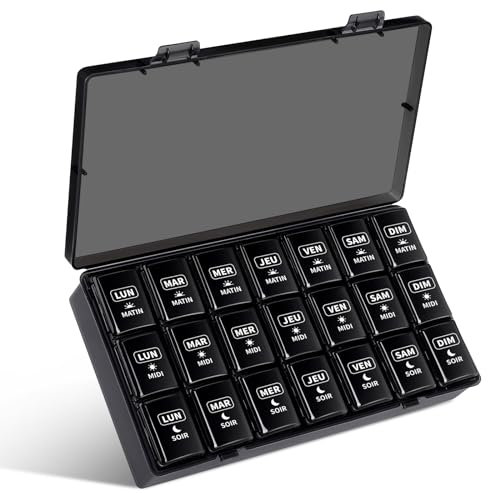 Opret Pilulier Semainier Français 7 Jours 21 Compartiments 3 Fois Multicolores Pilulier Hebdomadaire Boîte à Medicaments (Noir)