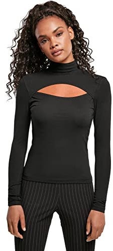 Urban Classics Women's Ladies Cut-Out Turtleneck Longsleeve T-Shirt, Black, XXL