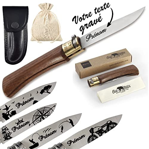 Couteau personnalisé homme - Prénom gravé sur la lame Idée cadeau noël, anniversaire, papy, papa (Bois Noyer)