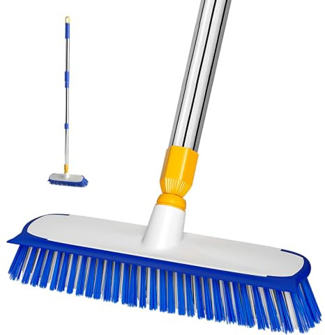 Spazzola con paletta ad acqua, manico regolabile da 140cm, con setole dure, 2 in 1, per la pulizia di terrazze, piastrelle, bagno, piscina e patio