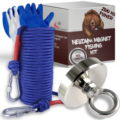 Magnetfischen Magnetangeln Set mit 20m Seil - Super Stark Neodym Magnet 200KG Bergemagnet - wasserfeste Handschuhe für Magnet fischen Ösenmagnet