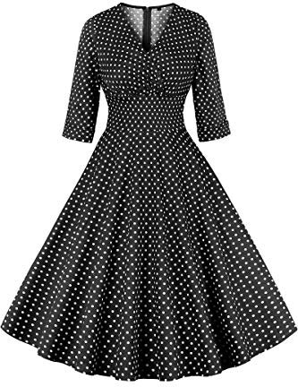 AXOE Women Retro 1950s Tea Dress A-Line Mid-Century Tailoring Cross V-Neck 3/4 Sleeve Cotton-Blend for Work Dates Everyday Elegance Black with White Polka Dots, UK Size 20, 3XL