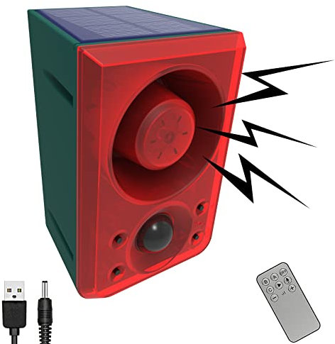 Comboss Alarme sonore solaire avec détecteur de mouvement pour l'extérieur - Fonction d'enregistrement du volume réglable - Sirène de sécurité sonore de 130 dB et lumière stroboscopique clignotante à
