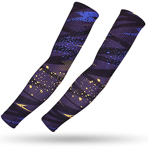 DETUCK Tattoo Arm Ärmel Ärmlinge, Armwärmer Sleeves UV Sonnenschutz Armstulpen, Arm Sleeves Kühlung UPF 50+, Kompressions Tattoo Cover Armstulpen (ein Paar) (Gelb Blau Blitz, L)