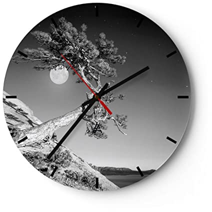 Modern Wanduhr Voll der Mond Baum 30x30cm Rund Klein Wand Uhr Glas Analog Zimmeruhren Küche Büro Wohnzimmer Glasuhr Wall Clock Dekoration Design Wanddekoration Küchenuhr C3AR30x30-4689