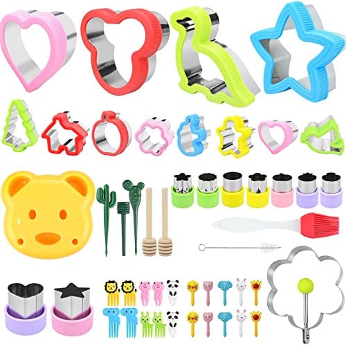 50 Stück Brotausstechformen Kinder Set, Sandwich-Ausstechformen-Set, Edelstahl Brot Gemüse Ausstechformen mit niedlich Obstgabeln, Reinigungsbürste,Honigstab, Micky Maus Dinosaurier Formen