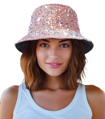 Damen-Sonnenhut mit Pailletten, Strandhut für Party, Mädchen, Teenager, glänzende Glitzer-Pailletten, Sonnenhut für Reisen, rose, M