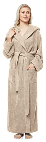 Arus Women's bathrobe with hood, full length, 100% cotton terry, Latte, S-M long