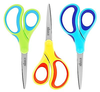 LIVINGO 3er Set Schülerschere 17,8 cm (Edelstahl) - Scharfe Spitze, Rutschfester Griff für Rechtshänder, Mehrzweck-Schere für Schule, Handwerk & Büro (Blau/Grün/Gelb)
