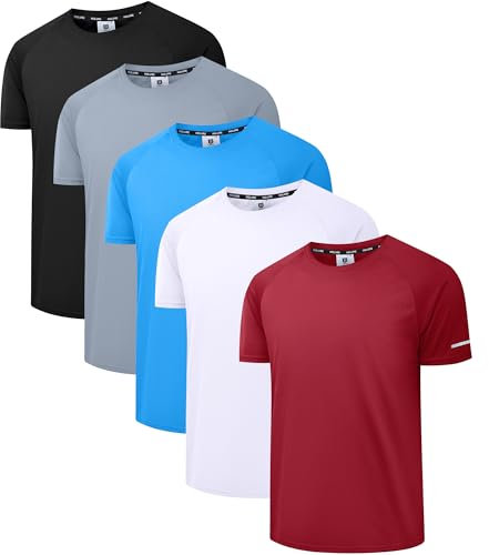 Holure Herren 5er Pack Sports Atmungsaktiv Schnelltrocknend Kurzarm T-Shirts Schwarz/Grau/Blau/Weiß/Rot 02-S